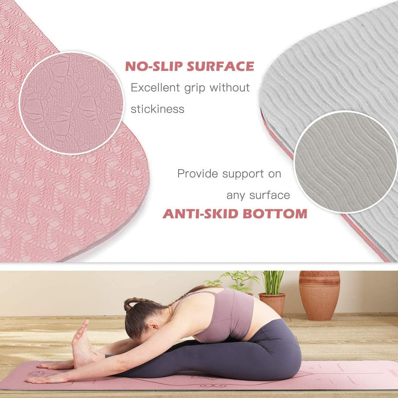 Eco-Friendly Yoga Mat with Alignment Lines, Free Straps, Non-Slip TPE Yoga Mat Thick 1/3" Women's Non-Slip Yoga Mat with Yoga Mat Non-Slip Sports and Pilates Mat, Yoga Gym Mat with Straps and Storage Bag